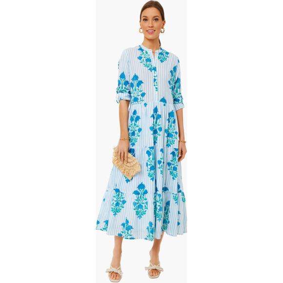 OLIPHANT Jaipur Blue Stripe Mandarin Maxi Button Long Sleeve Dress Tuckernuck XL - Picture 1 of 15